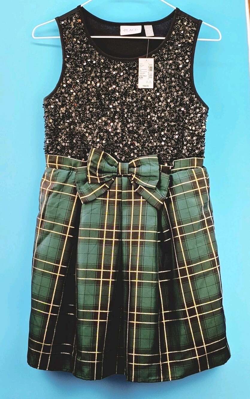 The Childrens Place Girls Plaid Sequin Dress Christmas Holiday Party Sz L 10/12